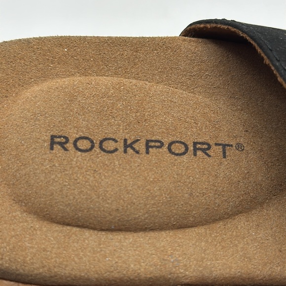 Rockport Black Slip On Two Strap Leather Cuts Out Cork Wedge Sandal Sz 7.5 - Picture 7 of 8